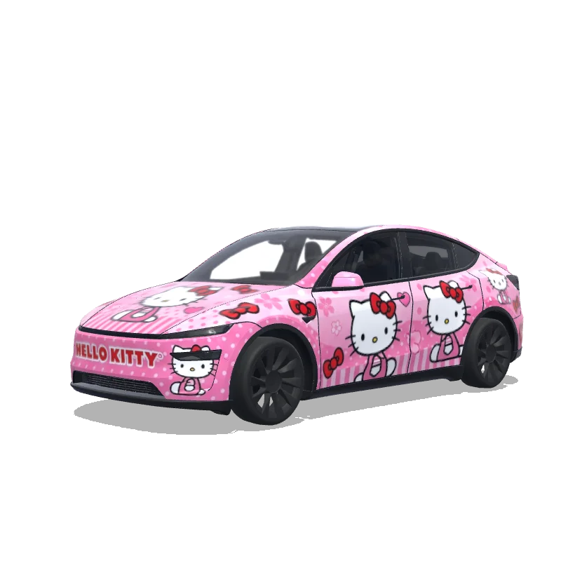 Tesla Model Y (2025+) with a Hello Kitty pink wrap, 3D Paint Shop preview