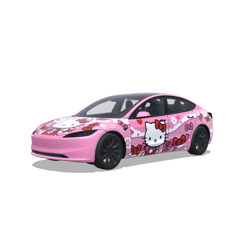 Tesla Model 3 (2024+) with a Hello Kitty wrap, 3D Paint Shop preview