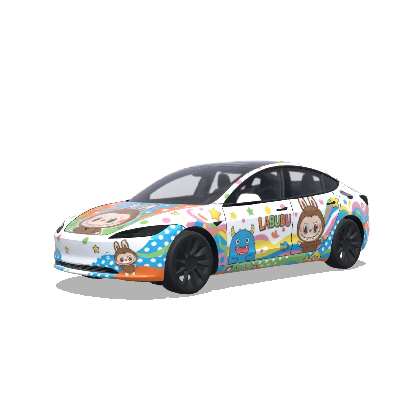Tesla Model 3 (2024+) with a Labubu wrap, 3D Paint Shop preview